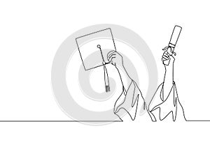 One single line drawing of young happy graduate college students lift up a graduation letter paper roll and cap