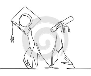 One single line drawing of young happy graduate college students lift up a graduation letter paper roll and cap. Graduate from