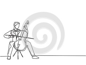 One single line drawing of young happy male cellist performing to play cello on classical orchestra concert. Musician artist