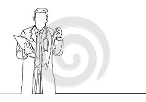 One single line drawing of young happy male doctor bringing medical paper on clipboard and celebrating his success curing