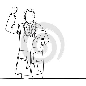 One single line drawing of young happy male doctor bringing medical paper on clipboard and celebrating his success to cure the