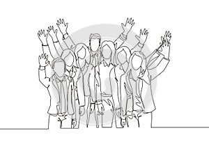 One single line drawing of young happy male and female manager open and raise their hands together. Business teamwork celebration