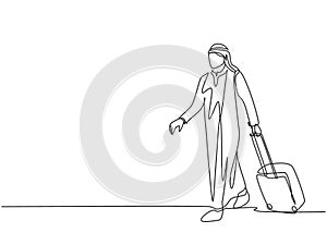 One single line drawing of young happy male muslim businessman carrying a suitcase out of airport. Saudi Arabia cloth shmag