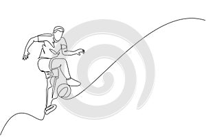 One single line drawing of young happy man perform soccer freestyle, jump juggling at the city square graphic vector illustration