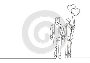 One single line drawing of young happy man and woman couple take a walk together and holding heart shape balloon