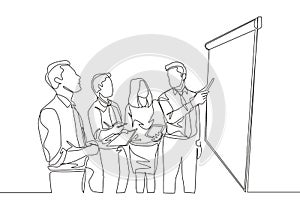 One single line drawing of young happy manager giving presentation about increasing product sales to his team at the office