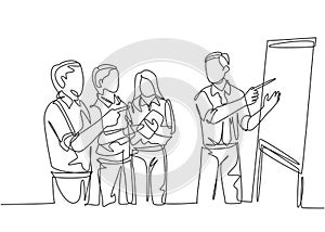 One single line drawing of young happy manager giving presentation about increasing product sales to his team at the office. Group