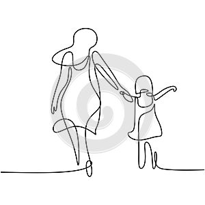 One single line drawing of young happy mom holding her daughter. A mother playing together with her child at home isolated on