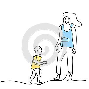 One single line drawing of young happy mom holding her son. A mother playing together with her child at home isolated on white