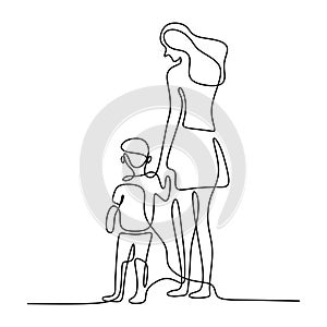 One single line drawing of young happy mom holding her son. A mother playing together with her child at home isolated on white