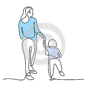 One single line drawing of young happy mom holding her son. A mother playing together with her child at home isolated on white