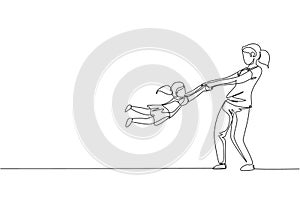 One single line drawing of young happy mom raising and turning her daughter around up in the air at home vector graphic