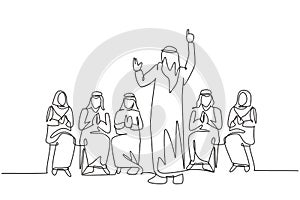 One single line drawing of young happy muslim business coach teaching how to do good presentation. Saudi Arabia cloth shmag,