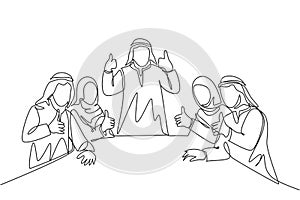 One single line drawing of young happy muslim businessman and his diversity team give thumb up. Saudi Arabia cloth shmag,