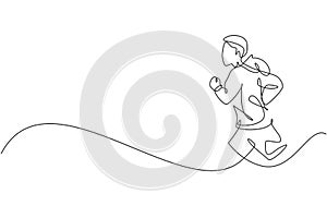 One single line drawing of young happy runner man exercise to improve stamina vector illustration graphic. Healthy lifestyle and