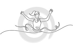 One single line drawing of young happy runner woman pass finish line and hit ribbon vector graphic illustration. Healthy lifestyle