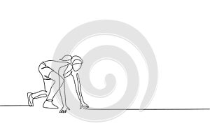 One single line drawing of young happy runner woman ready at start pole position graphic vector illustration. Healthy lifestyle