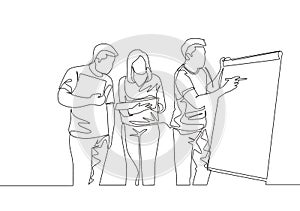 One single line drawing of young happy startup members discussing company growth and writing at flip chart. Business presentation