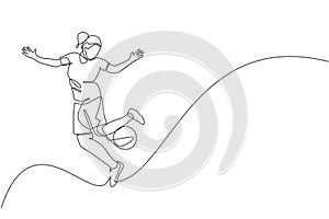 One single line drawing young happy woman perform soccer freestyle, juggling ball at the city square vector illustration graphic.