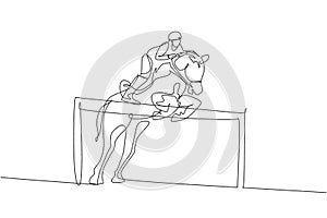 One single line drawing of young horse rider man performing dressage jumping the barrier test vector illustration graphic.