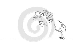 One single line drawing of young horse rider man performing dressage jumping test vector graphic illustration. Equestrian sport