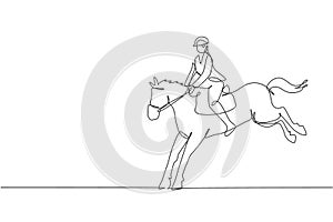 One single line drawing of young horse rider man performing dressage jumping test vector illustration graphic. Equestrian sport
