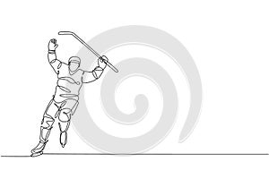 One single line drawing young ice hockey player in action to celebrate a goal at the game on ice rink stadium graphic vector