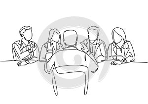 One single line drawing of young interviewee being interviewed by some company managers for job vacancy. Job interview process photo