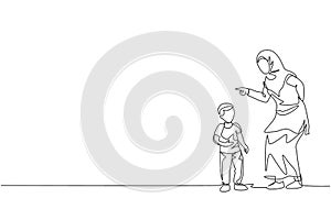 One single line drawing of young Islamic mother talk to her son and reprimand about his attitude vector illustration. Happy photo