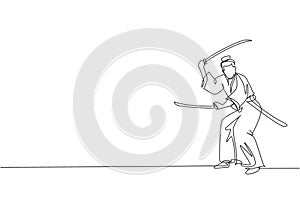 One single line drawing of young Japanese samurai warrior holding katana sword practicing at dojo center graphic vector