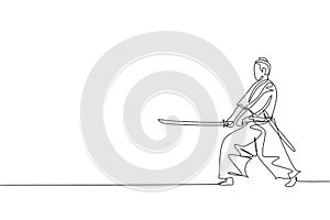 One single line drawing of young Japanese samurai warrior holding katana sword practicing at dojo center vector graphic
