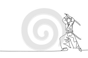 One single line drawing of young Japanese samurai warrior holding katana sword practicing at dojo center vector illustration