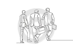 One single line drawing of young male businessmen discussing work while walking together on city street to the office