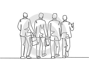 One single line drawing of young male businessmen discussing work while walking together on city street to the office. Urban