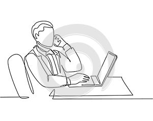 One single line drawing of young male company director giving short brief through phone call to his team member from the office.