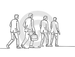 One single line drawing of young male and female employees walking together rushed so as not to be late for work. Urban commuter