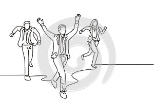 One single line drawing of young male female worker happy after winning cross the finish line beating his friends. business