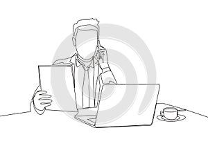 One single line drawing of young male manager reading company annual report while receiving phone call from staff at the office