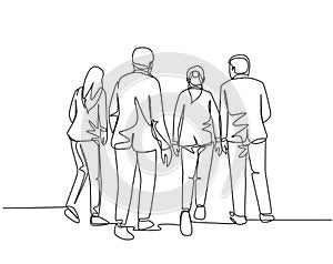One single line drawing of young male startup CEO walking together to the workshop room to present their proposal. Urban commuter