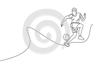 One single line drawing of young man perform soccer freestyle, jump juggling ball with heel at city square vector illustration.