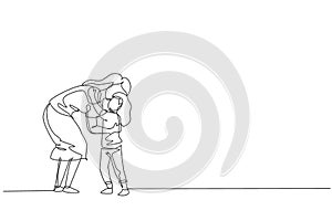 One single line drawing of young mom hugging her daughter full of warmth before go to school, parenting vector illustration. Happy