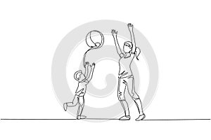 One single line drawing of young mom playing throw beach ball with her son at home graphic vector illustration. Happy family