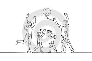 One single line drawing of young mother and father playing throw beach ball with their son and daughter at home vector