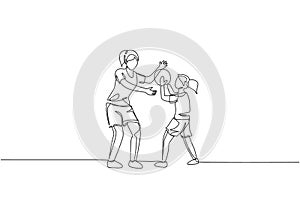 One single line drawing of young mother playing basketball fun with her daughter at home field vector illustration. Happy