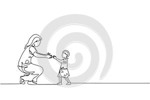 One single line drawing of young mother ready to hug daughter who learned to walk towards her at home vector illustration. Happy
