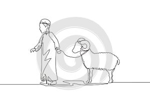 One single line drawing of young muslim boy holding sheep to masjid. Muslim holiday the sacrifice a goat or sheep, Eid al Adha