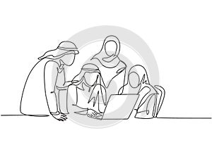 One single line drawing of young muslim business community discussing social project together. Saudi Arabia cloth shmag, headscarf