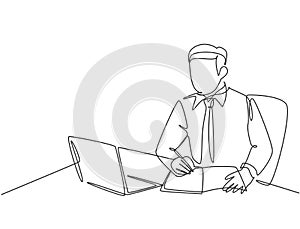 One single line drawing of young serious businessman staring at laptop and writing business notes to the team member at office.