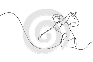 One single line drawing of young sporty golf player hit the ball using golf club graphic vector illustration. Healthy sport