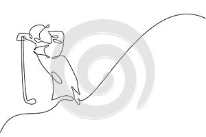 One single line drawing of young sporty golf player hit the ball using golf club vector graphic illustration. Healthy sport